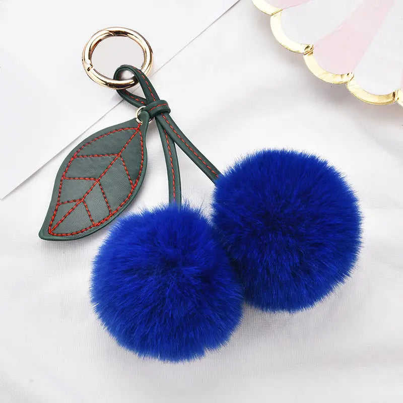 New Fashion Plush Cherry Keychains for Women Girls Fluffy Cartoon Rabbit Fur Ball Pompom Leaf Key Chains Rings Keyring Bag Gifts