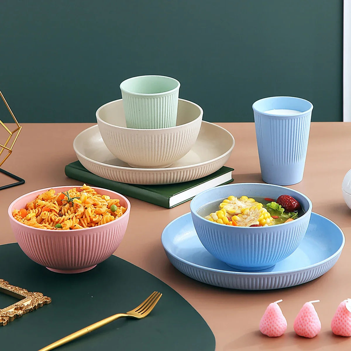 Heamsa 4Pcs Wheat Straw Tableware Set Plate Dish Bowl Cup Unbreakable Kitchen