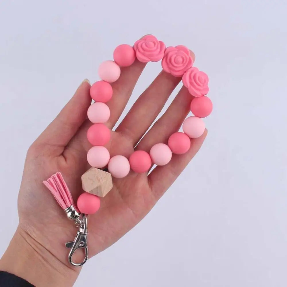 Fashion Silicone Keychain Food Grade Teether Round Bead Keyring Tassel Bracelet Pendant Keychain For Women Lobster Clasp Keyring
