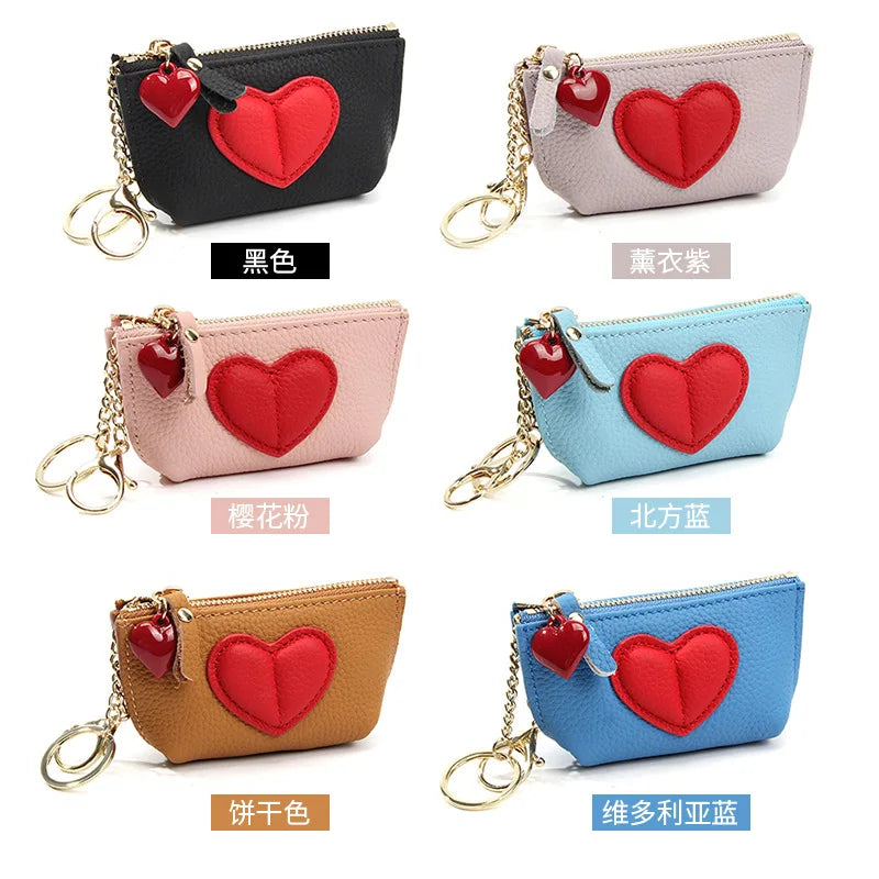 Tejesa Women's Soft Leather Coin Purses with KeyChain /Small Zipper Coin Pouch for Women Heart Pendant Zero Wallet Zipper Pocket