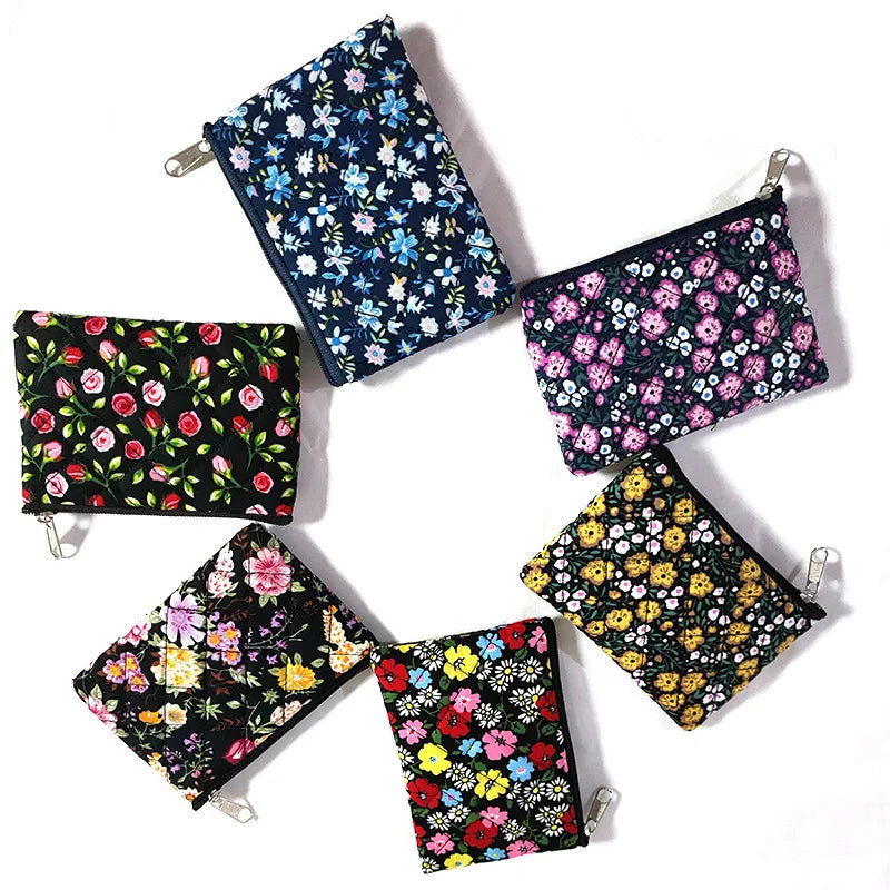 Hemasa Randon Colour Floral Cloth Coin Bags Purse Women's Ins Canvas Small Clutch Wallets Money Pouch Keys Earphone ID Credit Card Holder Bags
