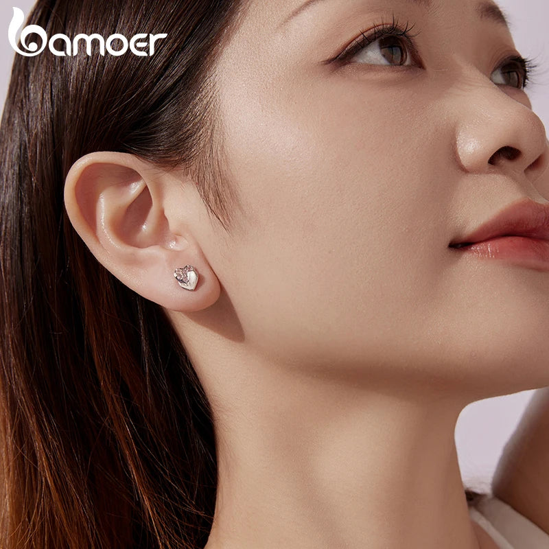 BAMOER 925 Sterling Silver Double Heart Stud Earrings Pink Zircons Earrings Hypoallergenic for Women Teens Valentine's Gift