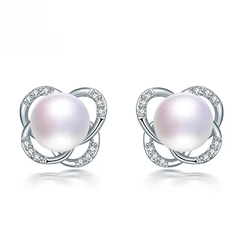 YWYC Natural 9-10mm Freshwater Pearl Stud Earrings for Wedding Zircon Cross 925 Sterling Silver Earrings for Girl Friend Gift