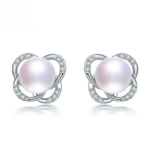 YWYC Natural 9-10mm Freshwater Pearl Stud Earrings for Wedding Zircon Cross 925 Sterling Silver Earrings for Girl Friend Gift