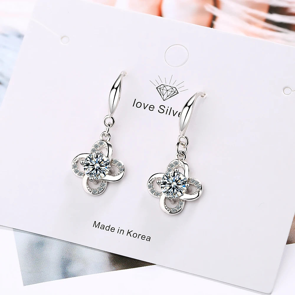 925 Sterling Silver Jewelry Sparkling Zirconia Clover Flower Twist Windmill Forever Drop Earrings For Women