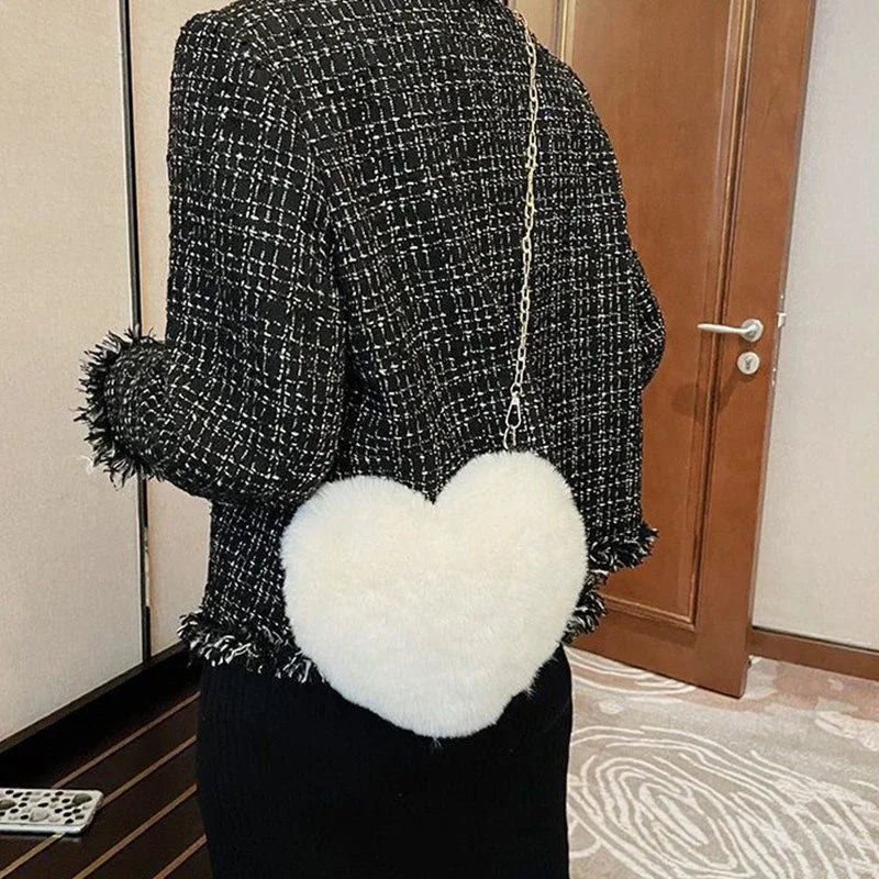 Hemasa Heart Shaped Handbags/ Cute Faux Fur Crossbody Bags/  Lady Soft Plush Chain Shoulder Bag