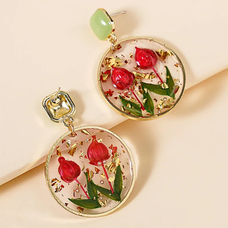 Creative Handmaking Pressed Flower Earrings Sweet Natural Flower Earrings Women Floral Statement Jewelry 2024 Boho Round Earring