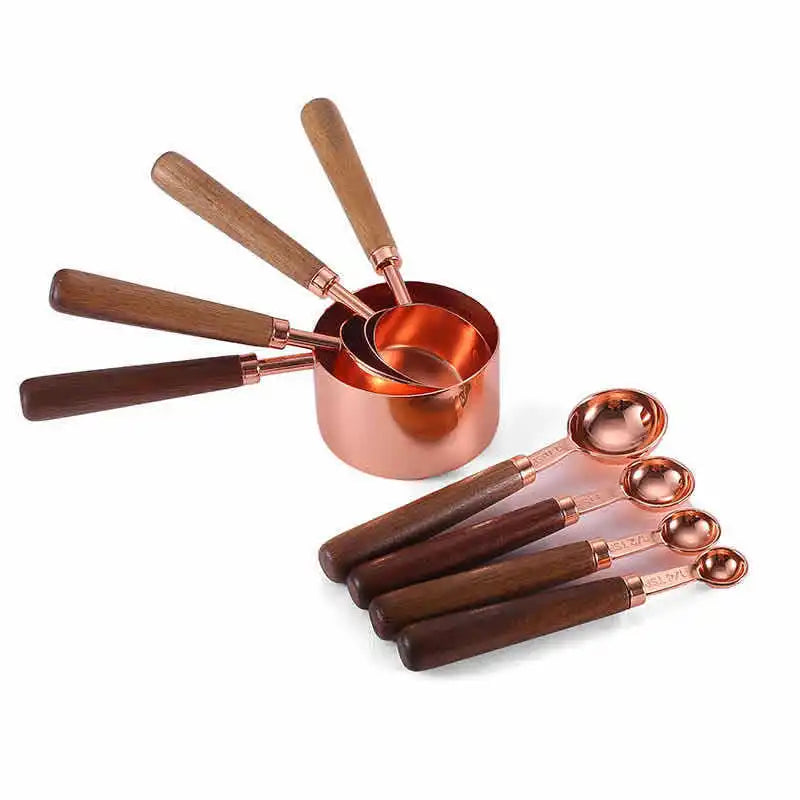 Heamasa Baking measuring cup  wooden handle rose gold measuring spoon 4-piece set 8-piece measuring spoon set