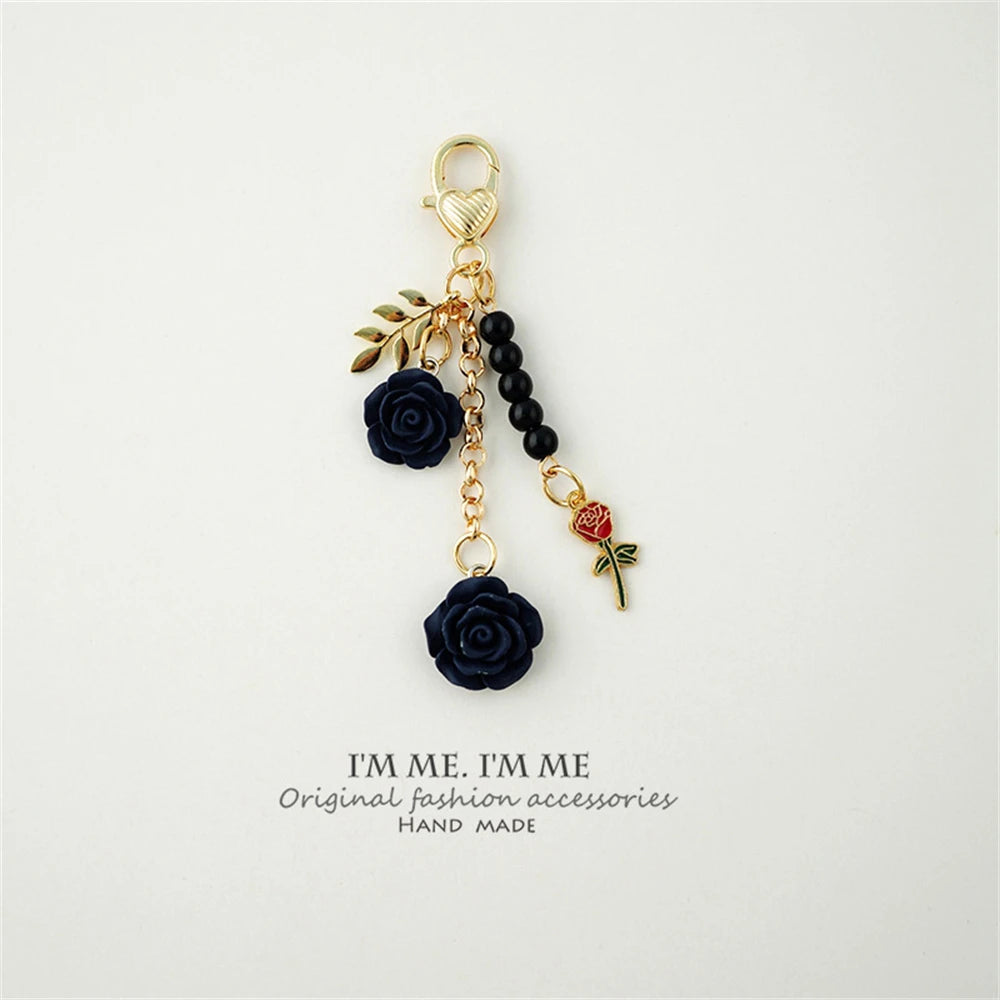 Fashion Imitation Pearl Flower Keychain Cute Sakura Rose Plush Ball Keyring for Women Girls Car Handbag Phone Pendant Accessorie