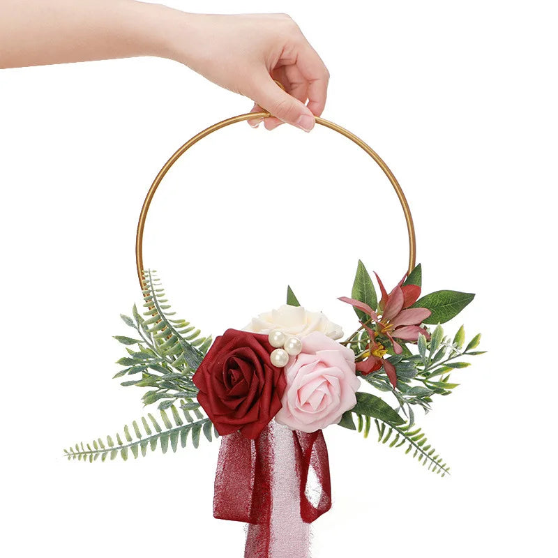 YeeNanee Wedding Gold Hoop Bouquet for Bridesmaids Floral Rose Eucalytpus Metal Ring Wreath Bridal Shower Ceremony Decoration