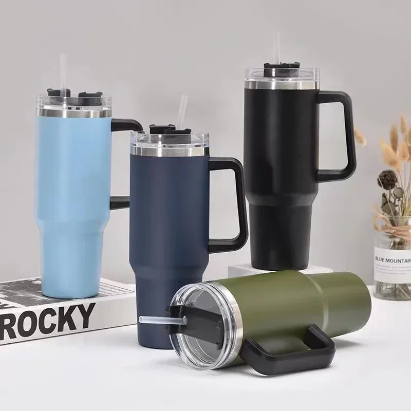 40OZ Straw Insulation Cup with Handle Portable Car Stainless Steel Coffee Water Bottle LargeCapacity Travel BPA Free Thermal Mug