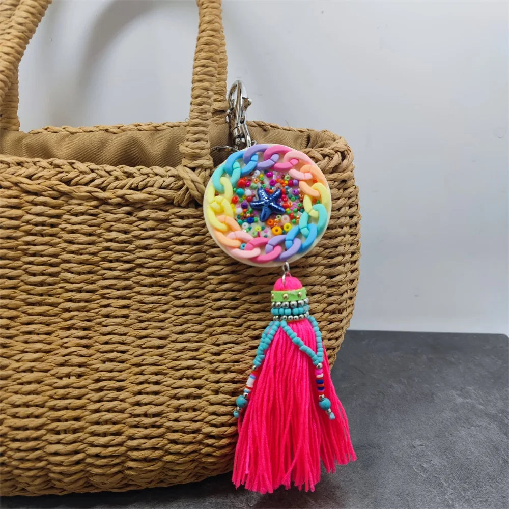 Leather Tassel With Colorful Pompons Handbag Accessorise Boho Style Keychains For Women Keyring Jewelry