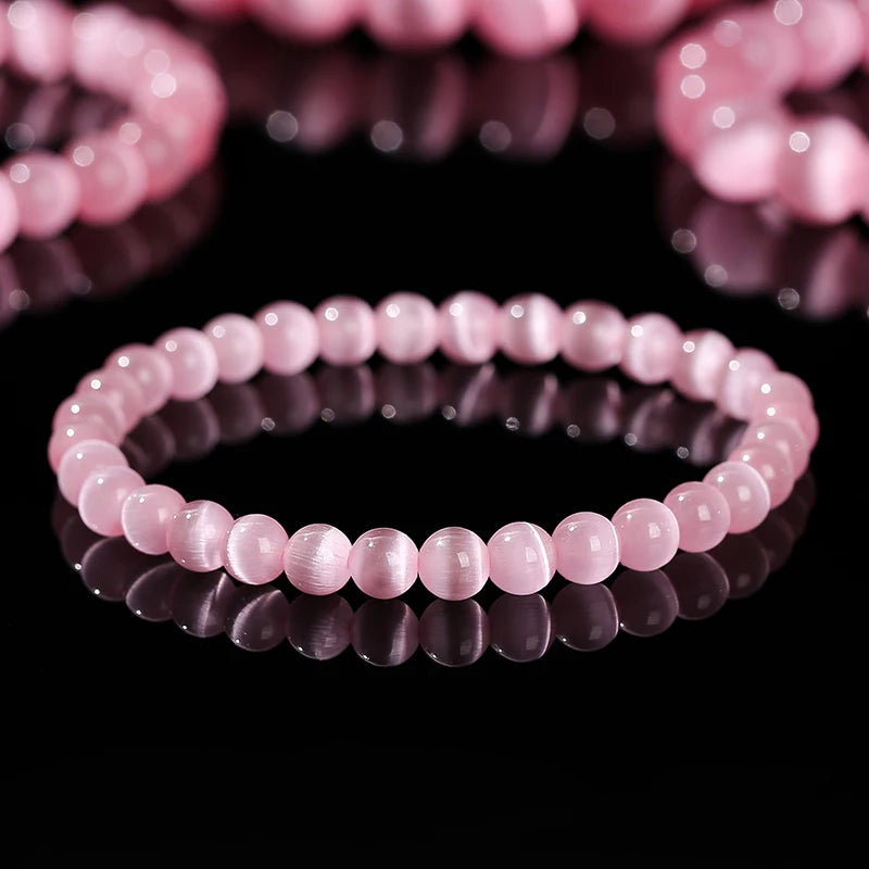 JD Natural Stone Dark Pink Cat Eyes Stone Strand Bracelet Women Simple Jewelry Gifts Round Bead Elastic Rope Bracelet For Girls