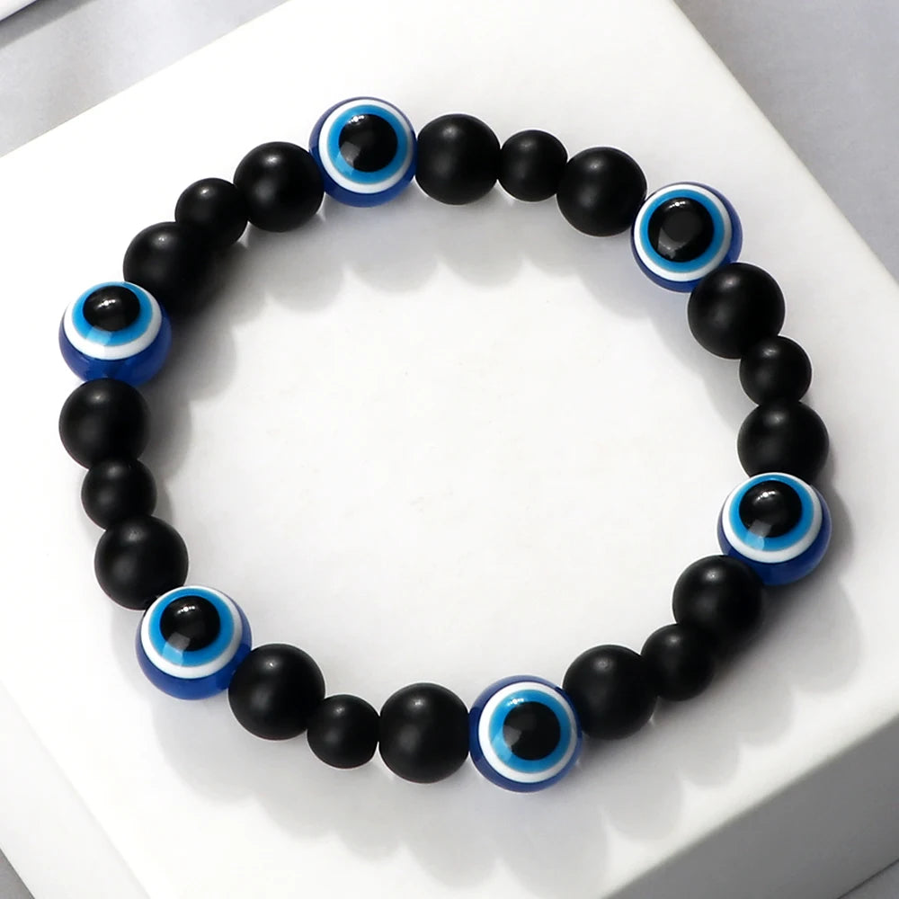 Blue Evil Eye Beaded Bracelets Natural Cat Eye Stone 6 8mm Opal Men Bangles Adjustable Women Bracelet Lucky Yoga Jewelry Gifts