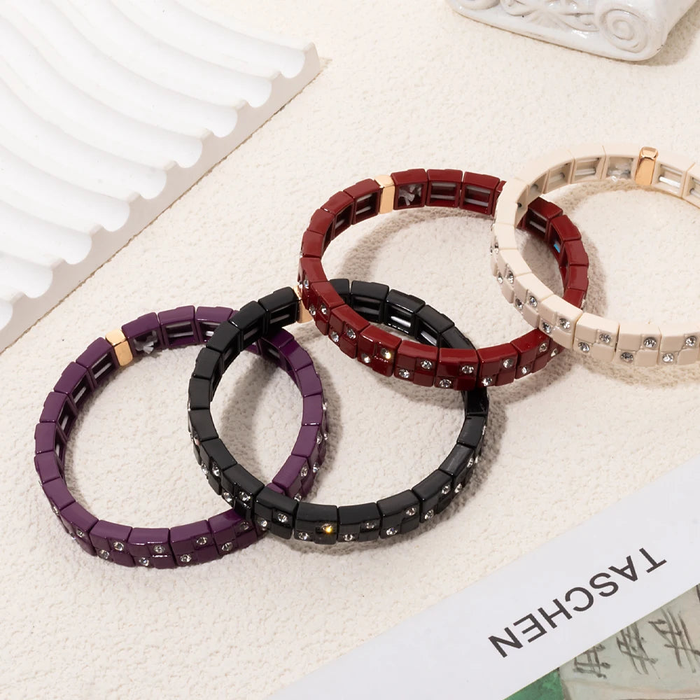 8x8mm Double Zirconia Charms Elastic Beaded Pure Color Bangle For Women