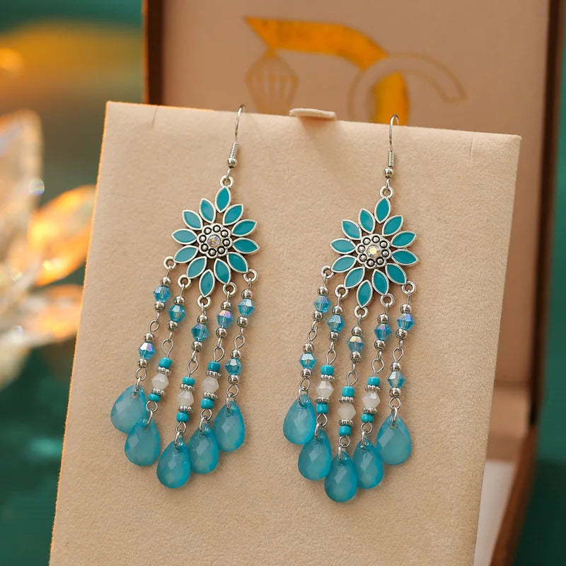 Hemasa Flower Drop Dangle Earrings For Women Enamel Crytal Geometric Jewelry Beads Handmade Tassel Earings
