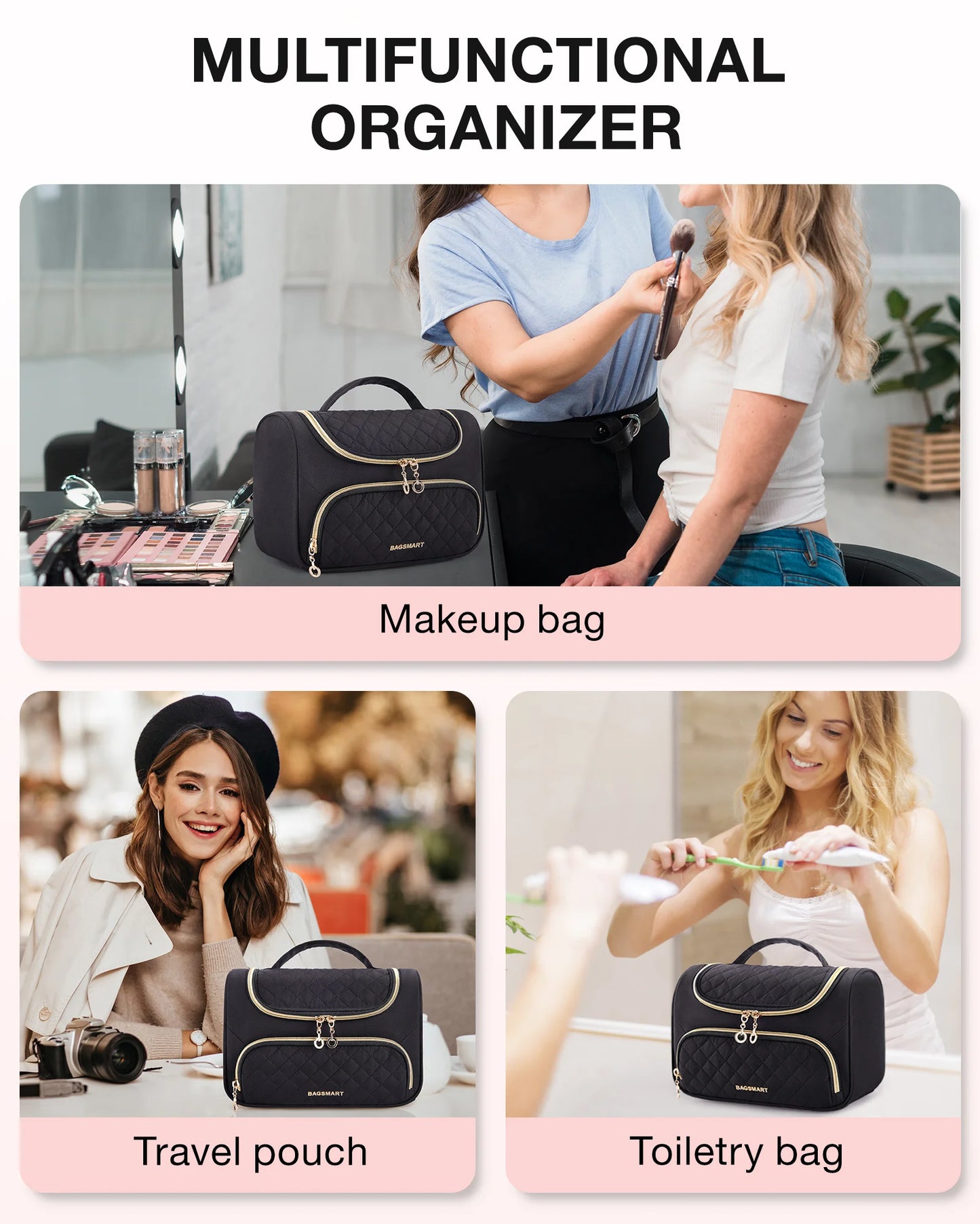 Hemasa Travel Makeup Bag/ Make Up Organizer Case Large Open Pouch for Women / Cosmetic bag for Toiletries
