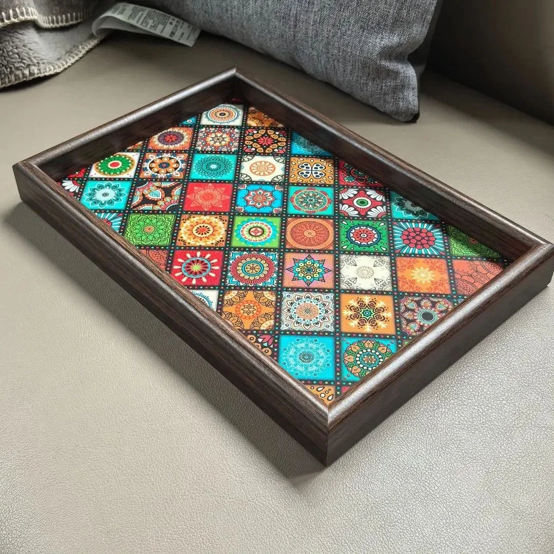 Tejesa Bohemian Style Wooden Leather Storage Tray for Living Room Desktop Jewelry Decorative Tray