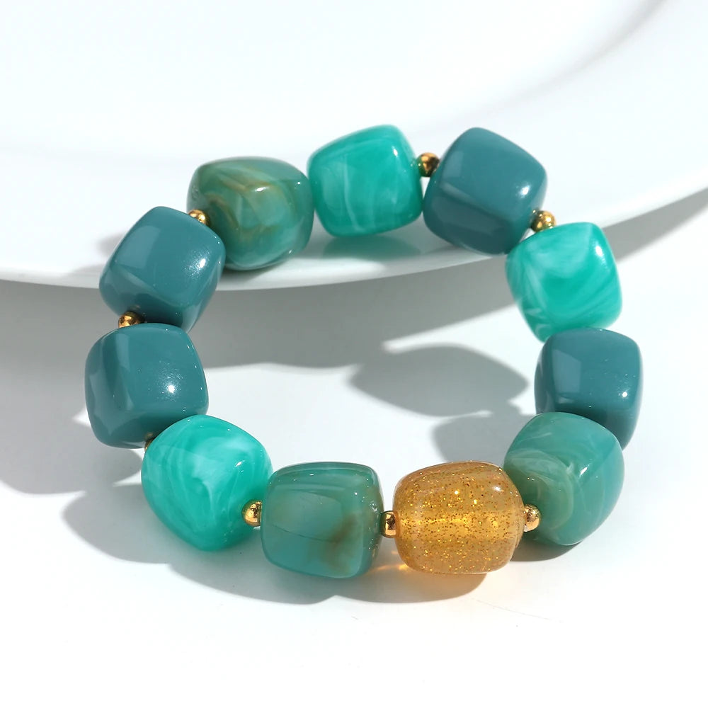 New Multicolor Acrylic Geometric Bead Bracelet for Women Trendy Resin Irregular Square Elastic Bracelets Handmade Jewelry Gift
