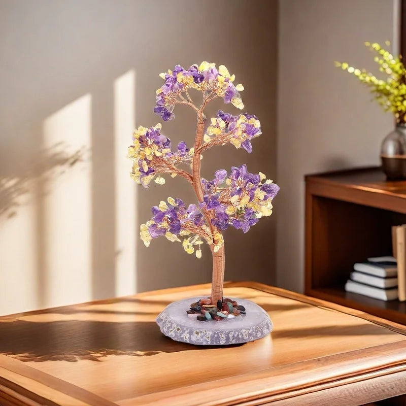 Natural Healing Crystal Stone Amethyst Tree Wire Wrapped Agate Flake Base Home Office Desk Living Room Feng Shui Decor Gifts