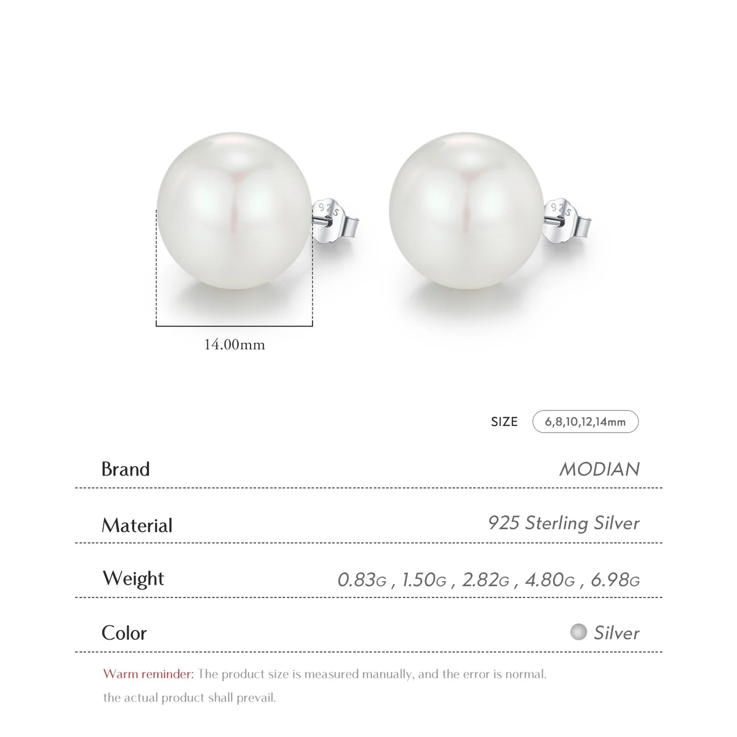 MODIAN 5 Sizes 925 Sterling Silver Elegant Crystal Pearl Stud Earrings Classic Basic Jewelry For Women Birthday Gifts