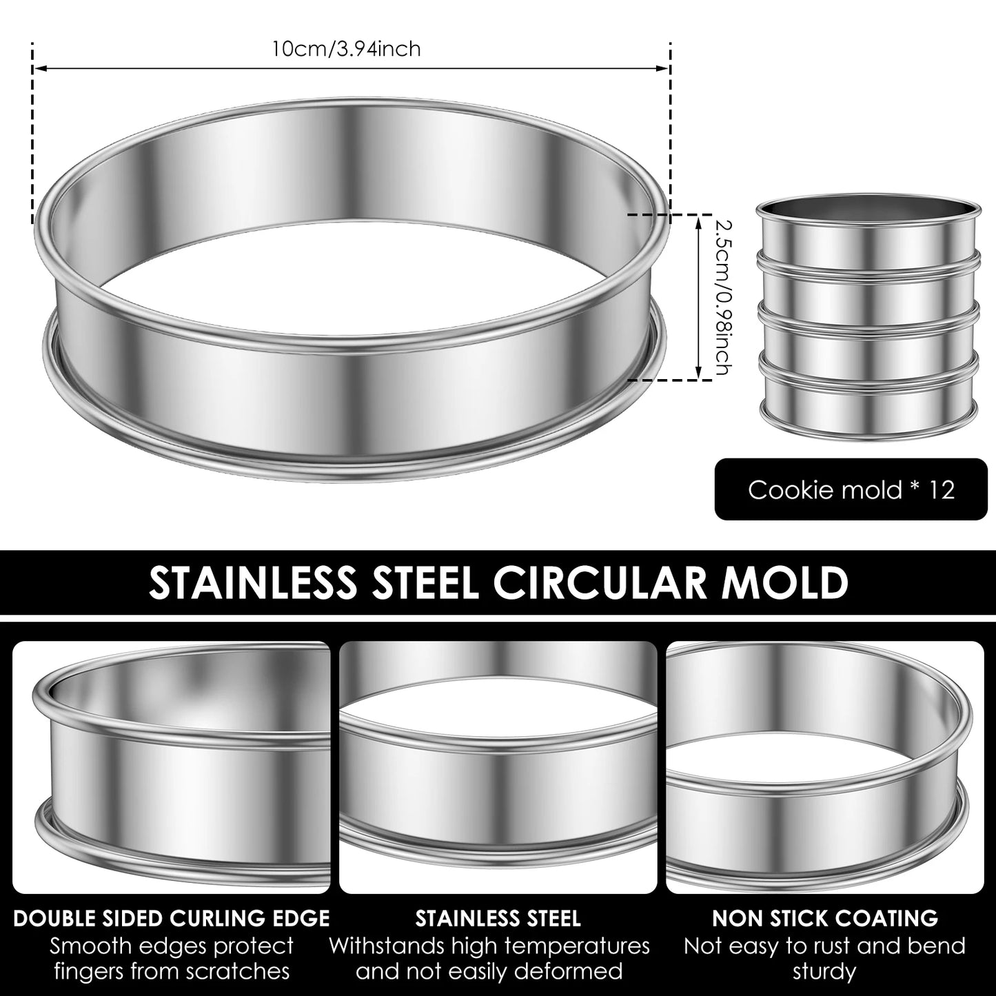 Tejesa 12Pcs Muffin Tart Rings Stainless Steel Crumpet Rings 10/8cm English Double Rolled Muffin Ring Cooking Dessert Pastry Ring Molds
