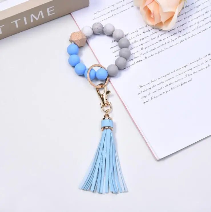 Tassel Wood Silicone Bead Bracelet Key Chain Female Women Hot Selling Bracelet Key Ring Wrist Bangle Keychains Accessory