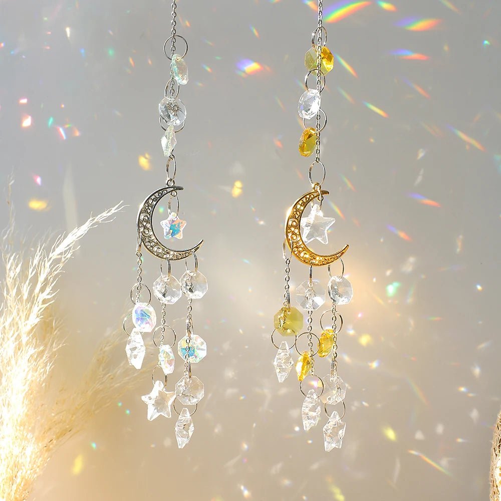 Hemasa Crystal Suncatcher Rainbow Prism Moon Sun Catcher Garden Decoration/ Outdoor Suncatchers Window Hanging Moon Crystal Decoration