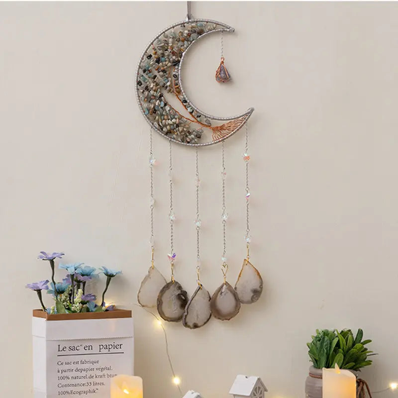 Hemasa Crystal Natural Gemstone Tree of Life Healing Pink Quartz 7 Chakras Grave Agate Stones Reiki Moon Suncatcher Hanging Home Decor