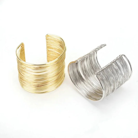 Punk Multilayer Metal Wires Strings Bracelets Bangles for Women Vintage Exaggerated Gold Color Wide Open Cuff Bangle Jewelry