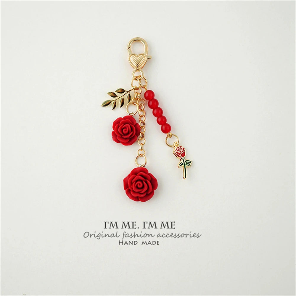 Fashion Imitation Pearl Flower Keychain Cute Sakura Rose Plush Ball Keyring for Women Girls Car Handbag Phone Pendant Accessorie