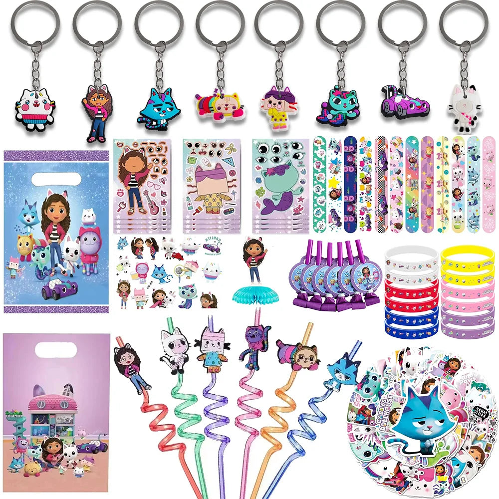 Gabby Dollhouse Cats Birthday Party Gifts Keychain Stickers Snap Bracelet Reusable Straws Gift Bags Carnival Gabby Party Favors