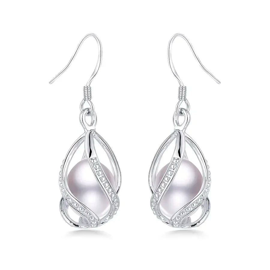 YWYC 7-8mm Natural Freshwater Pearl Drop Earrings Rice Shape Pearl In Cage 925 Silver Earrings for Women Jewelry Gift