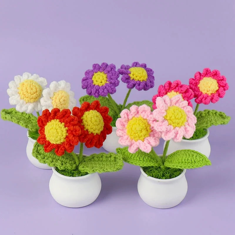Hemasa Cute Daisy Crochet Flowers Potted Woven Flower Creative Artificial Flowers Car Office Table Decor Handwoven Plant Flor Tejida