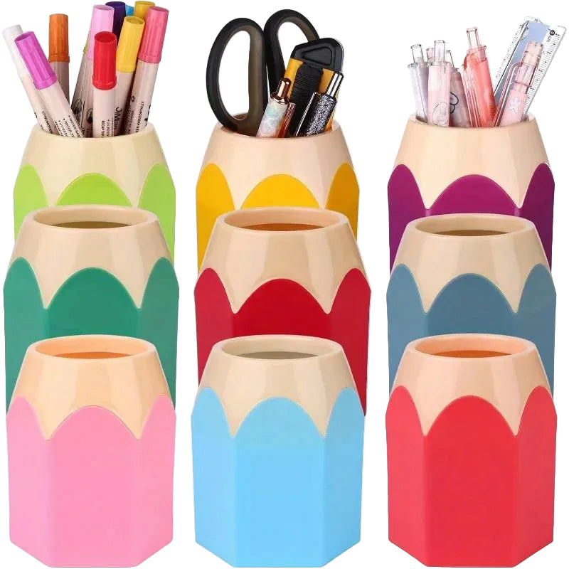 Tejesa 9/6pcs Cartoon Pencil-Shaped Desk Organizer Set | PE Plastic Pen Holder with Cup and Box, Office Colorful Stationery Storage
