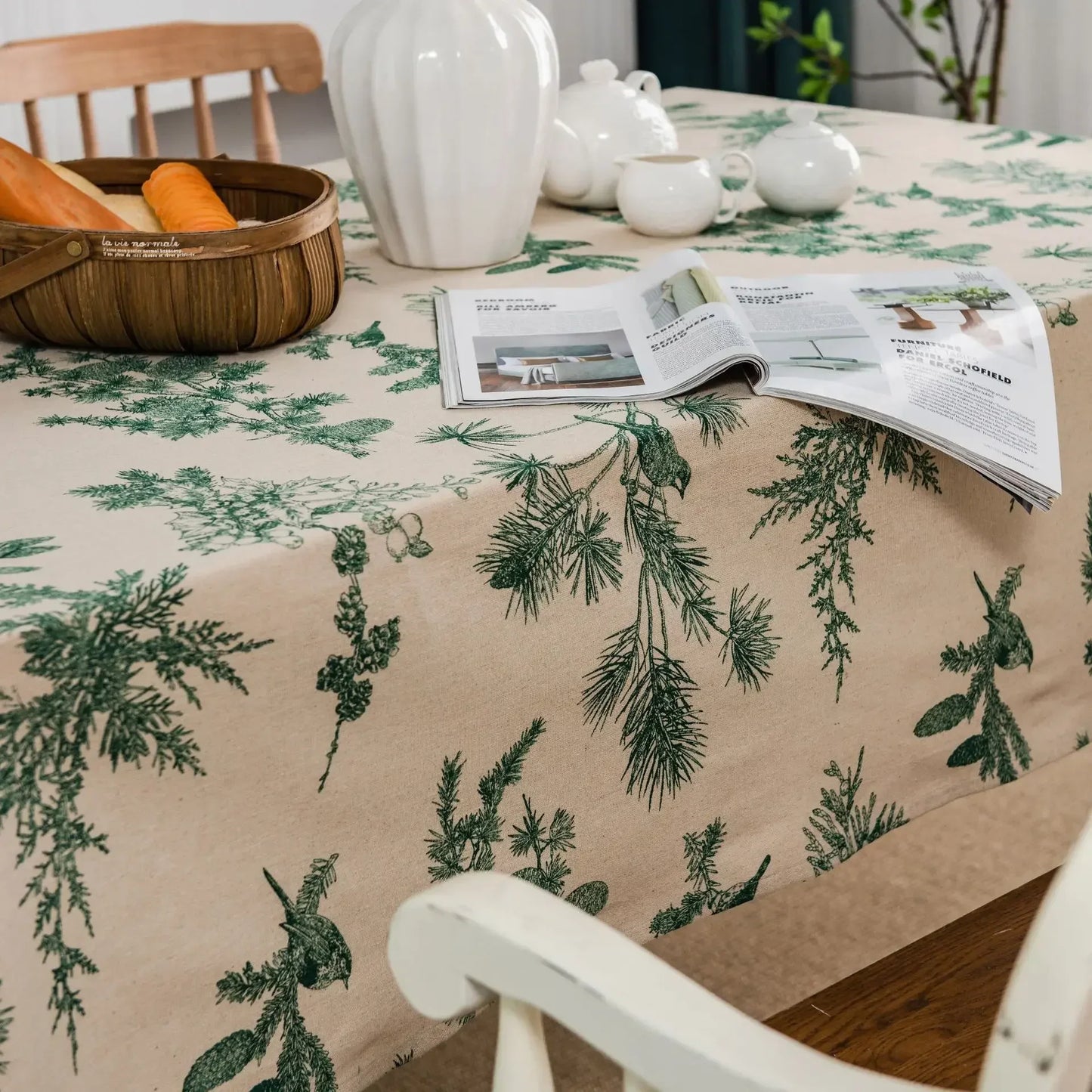 Cotton Linen Printed Pine Rectangular Fitted Tablecloth for mantel mesa party wedding kitchen dining decor table met cover
