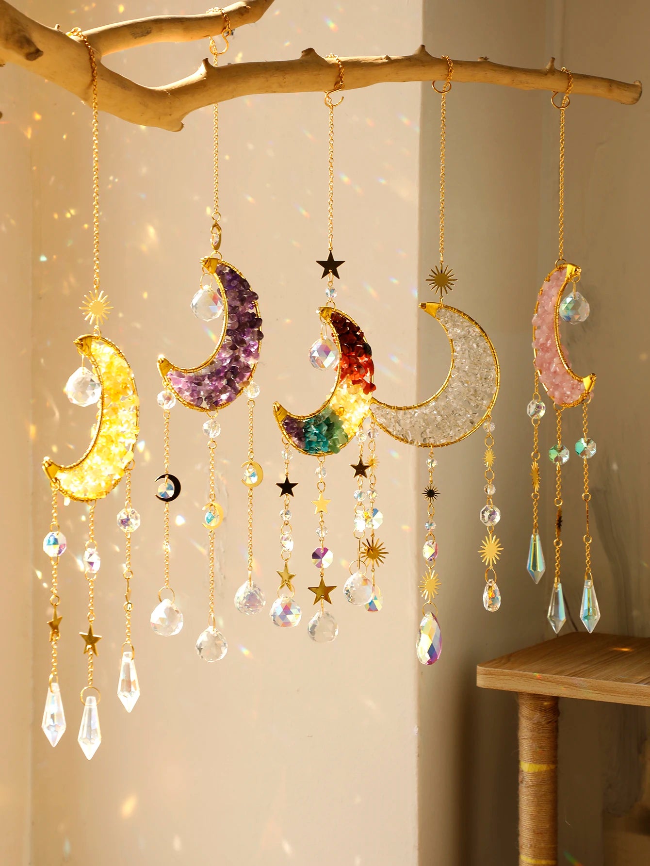 Hemasa Moon Star Crystal Suncatcher Hanging Decoration Rainbow Maker Natural Stone Light Catcher for Window Outdoor Room Ornament Gift