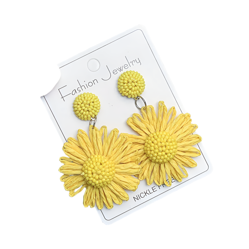 Hemasa Handmade Sun Flower Raffia Bead Earrings For Women/ Girl / Bohemian  Colorful Rattan Knit Earrings