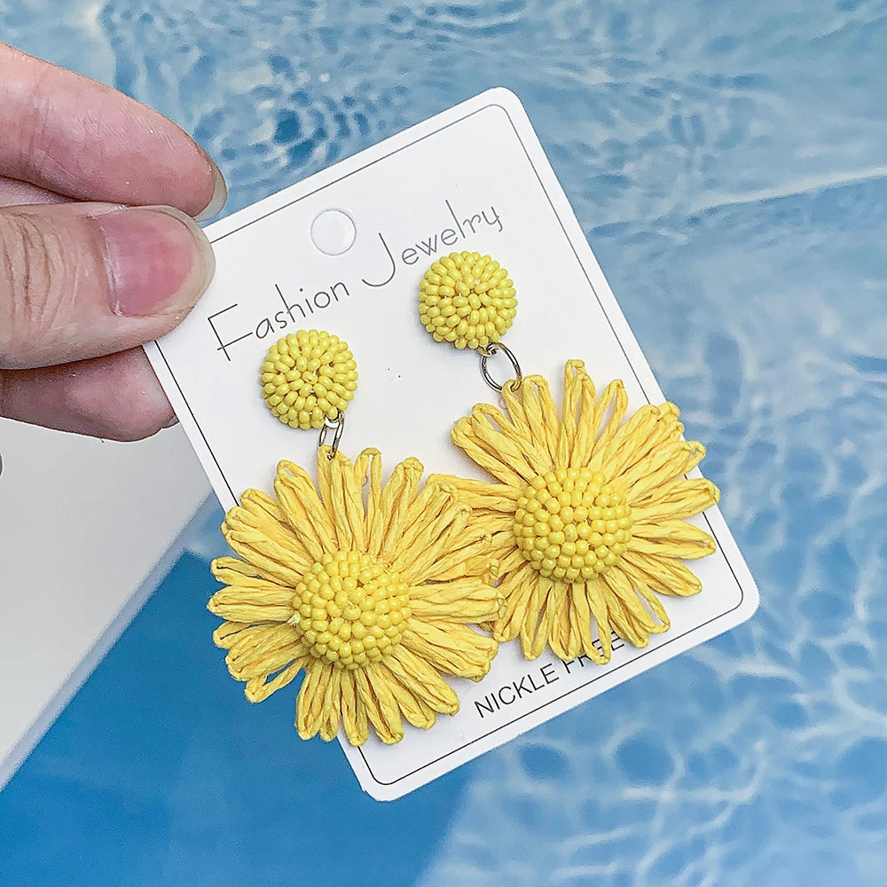 Hemasa Handmade Sun Flower Raffia Bead Earrings For Women/ Girl / Bohemian  Colorful Rattan Knit Earrings