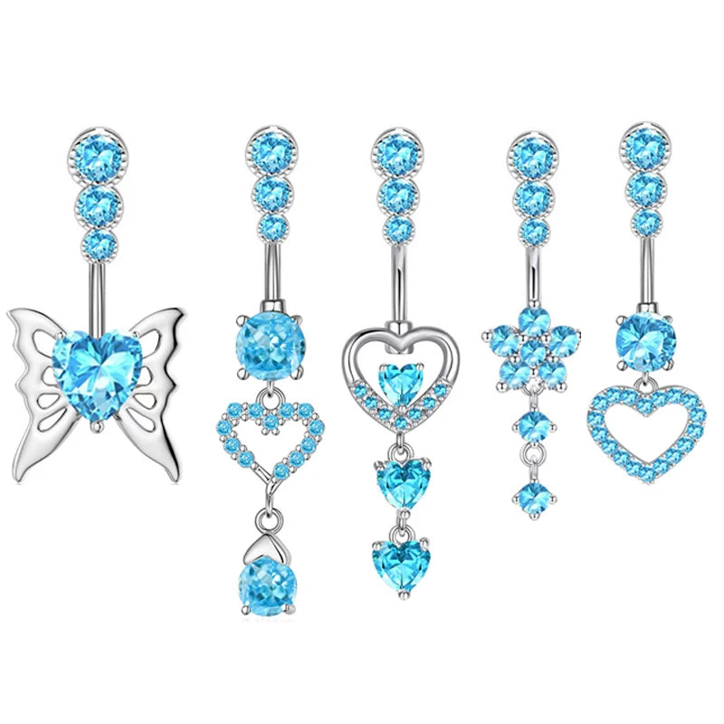 Blue Crystal Zircon Belly Button Rings Dangle Heart Butterfly Navel Piercing Stainless Steel Belly Bar Body Piercing Jewelry