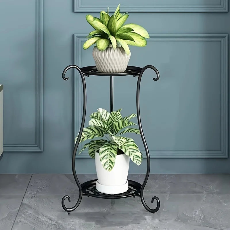 Tejesa  Double-Layered Metal Flower Rack Stand - Multi-Layer Floor Standing Plant Display with Modern European Style for