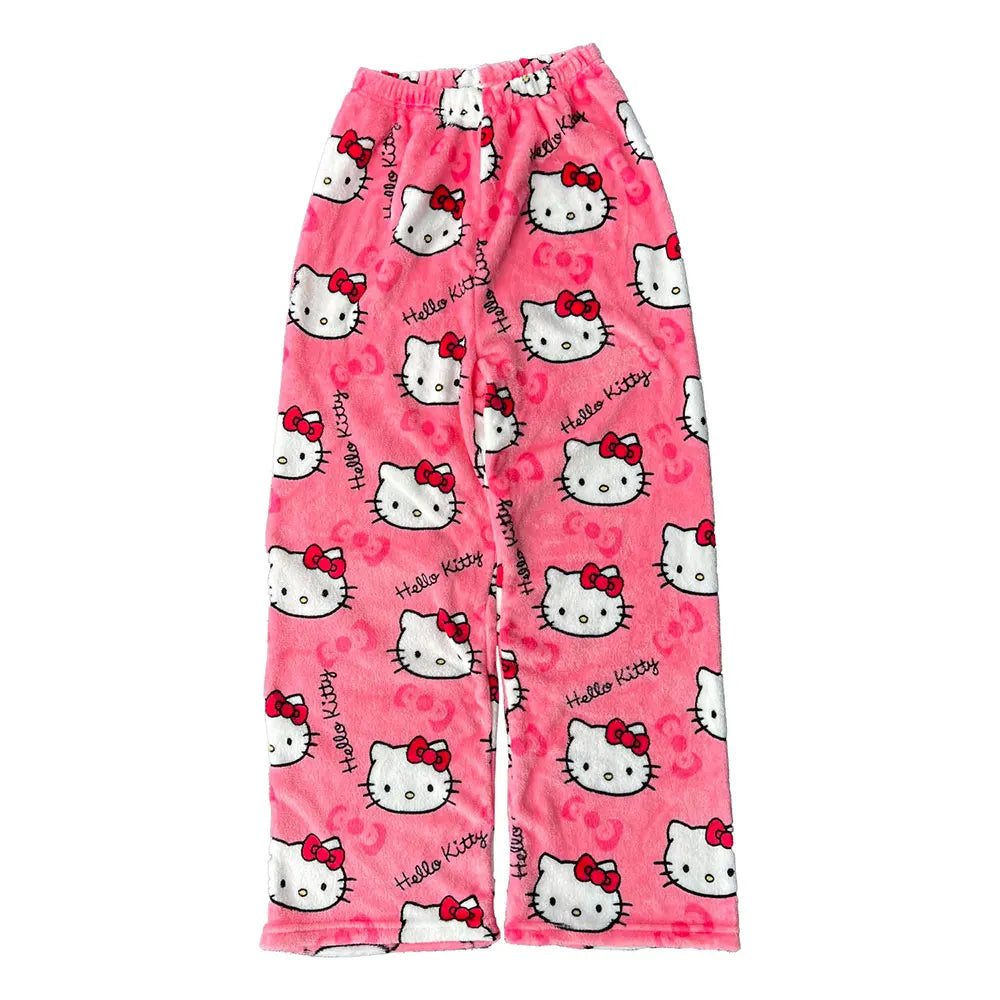 Hemasa  Hello Kitty Flannel Pajamas Black Women'S Warm Woolen Cartoon Casual Home Pants In Autumn Winter Fashion Trousers