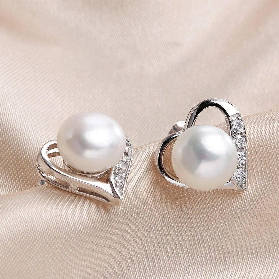 YWYC 925 Sterling Silver Lover Zircon Pearl Earrings 9-10mm Natural Freshwater Pearl for Women Wedding Party Jewelry Gift