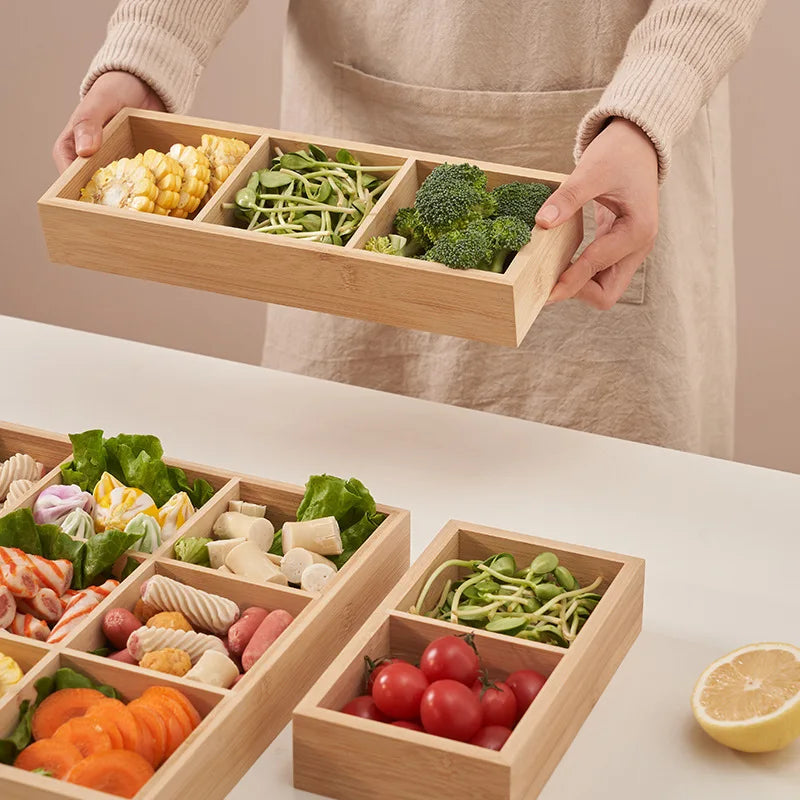Tejesa Rectangular 6-compartment food tray & square 9 grid wood tableware snack plate sauce platter hot pot restaurant tray