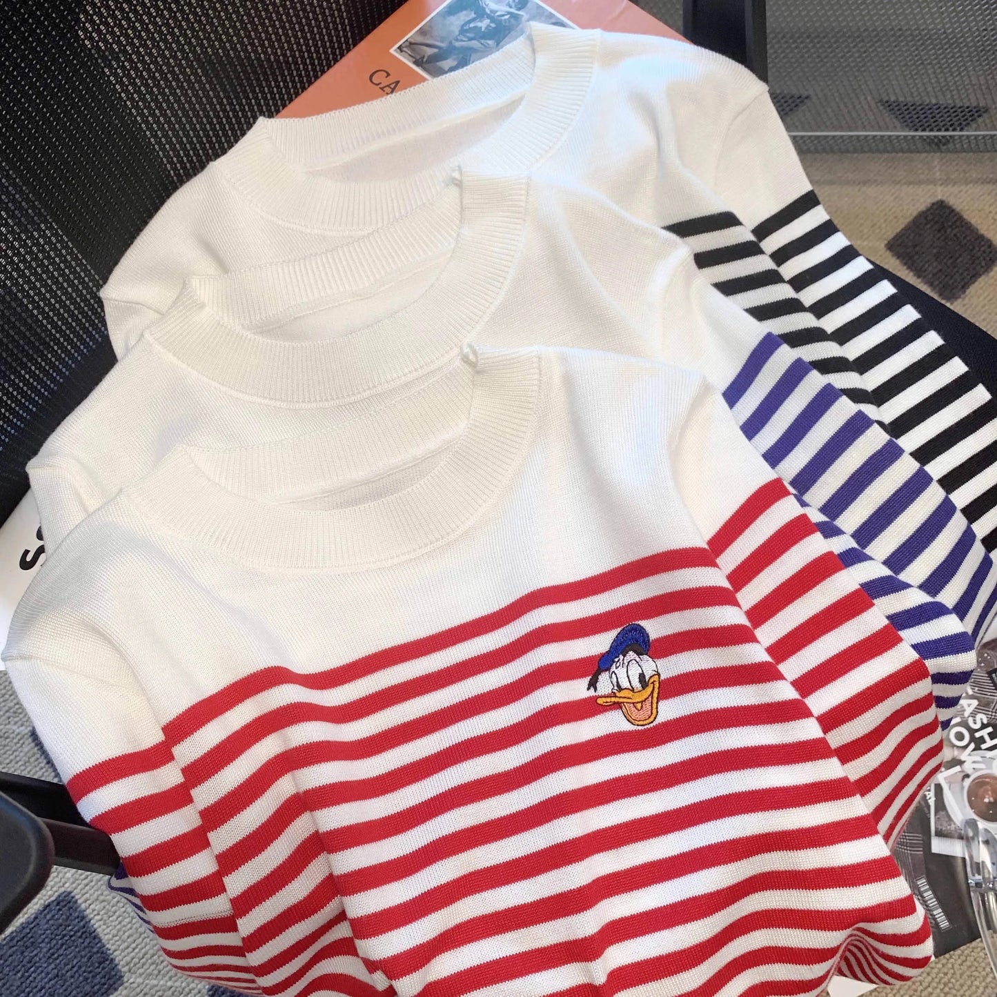 Disney Cartoon Donald  Sweaters for Women Embroidery Striped Knit Shirt Cardigan Female Fashion Clothing Tops Kawaii Skirts