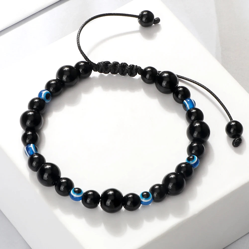 Blue Evil Eye Beaded Bracelets Natural Cat Eye Stone 6 8mm Opal Men Bangles Adjustable Women Bracelet Lucky Yoga Jewelry Gifts