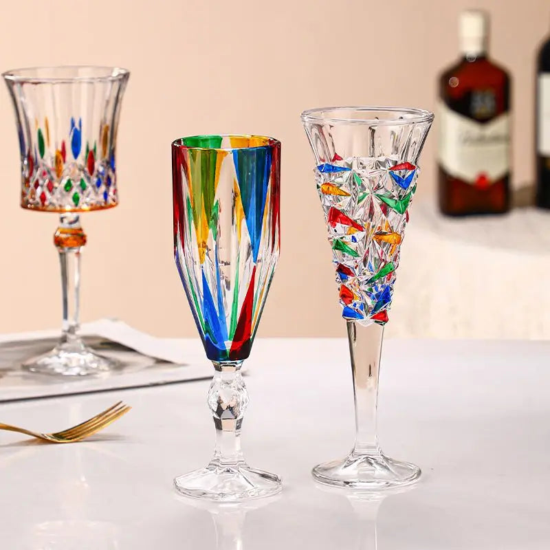 1/2pcs Hand Drawn Diamond Carved Crystal Glass Cup Rainbow Diamond Gloss Champagne Cup Thickened Design Red Wine Tall Glasses