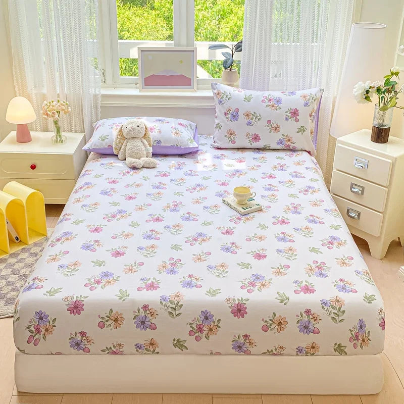 Pure Cotton Fitted Sheet Single Double Queen Size Printed Mattress Cover With Elastic Band Bedsheet Soft Comfortable Fitsheet