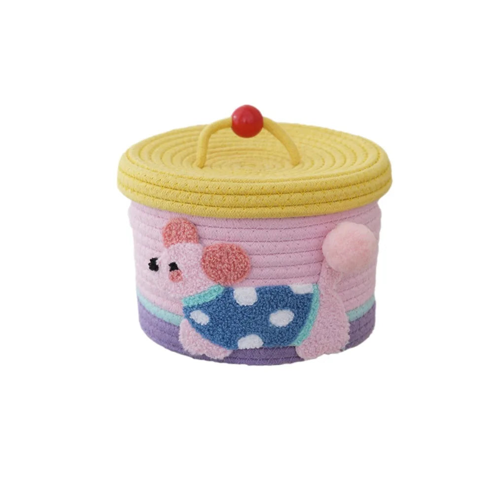 Cartoon Cotton Rope Storage Basket Round with Cover Snack Organizer Box Dachshund Pattern Decorative Hand Woven Basket