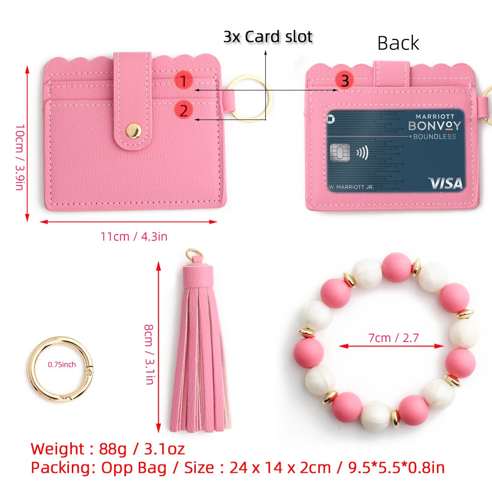Hemasa Silicone Bead Bracelet  Leather Card Bag Wristlet Keychain Silicone Beaded Bracelet Leather Tassel Wallet Bangle